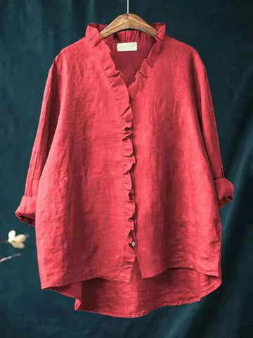 Emery linnen damesblouse met ruches en knoopsluiting
