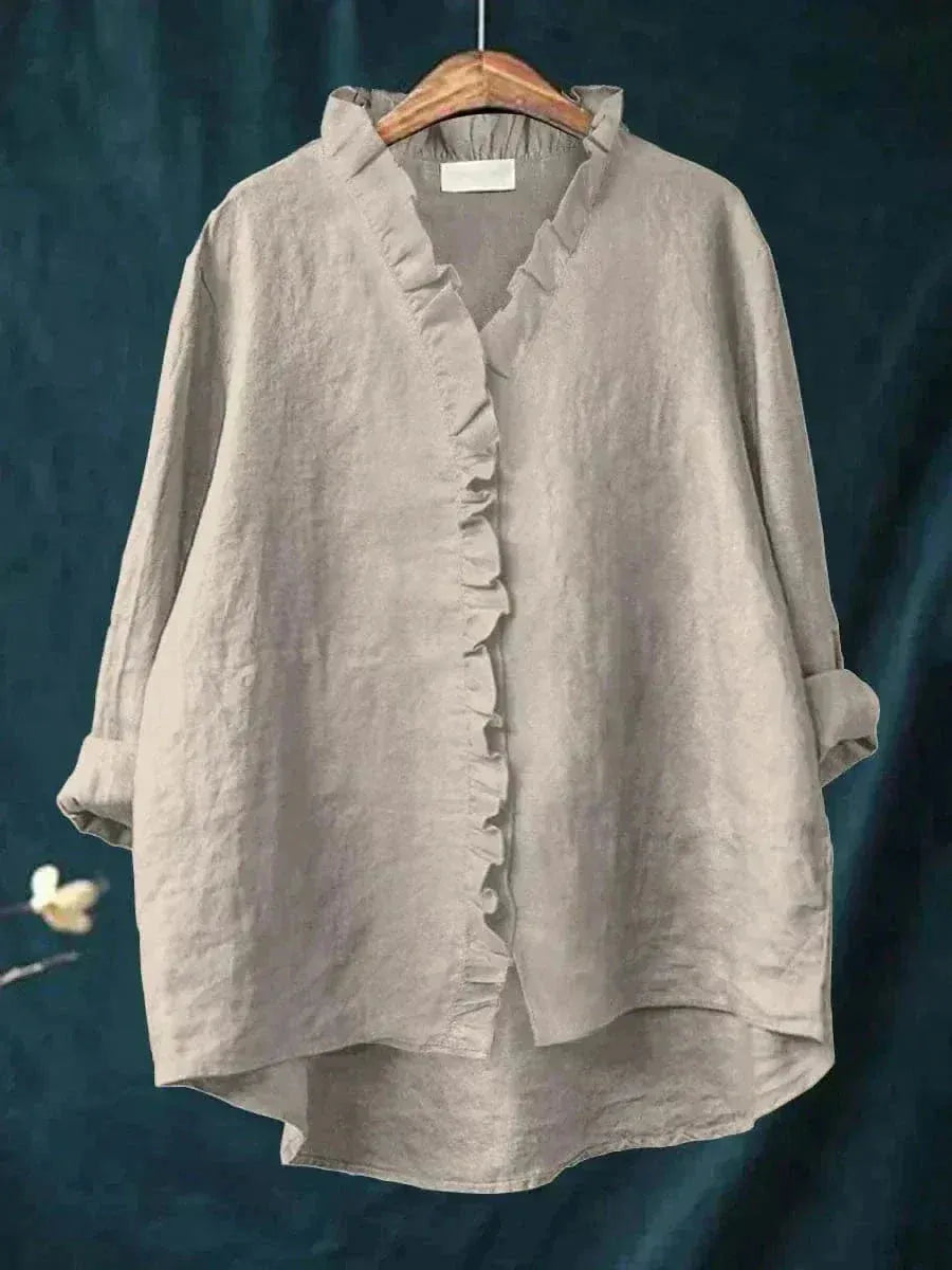 Emery linnen damesblouse met ruches en knoopsluiting