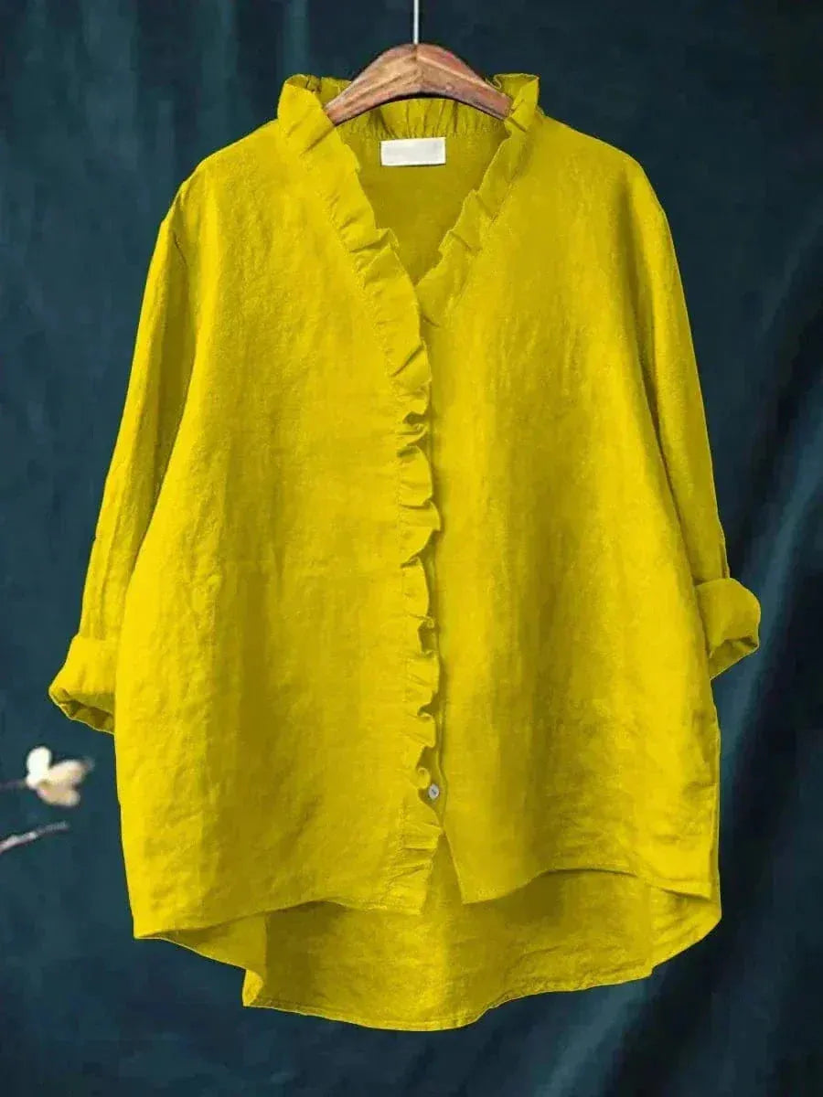 Emery linnen damesblouse met ruches en knoopsluiting