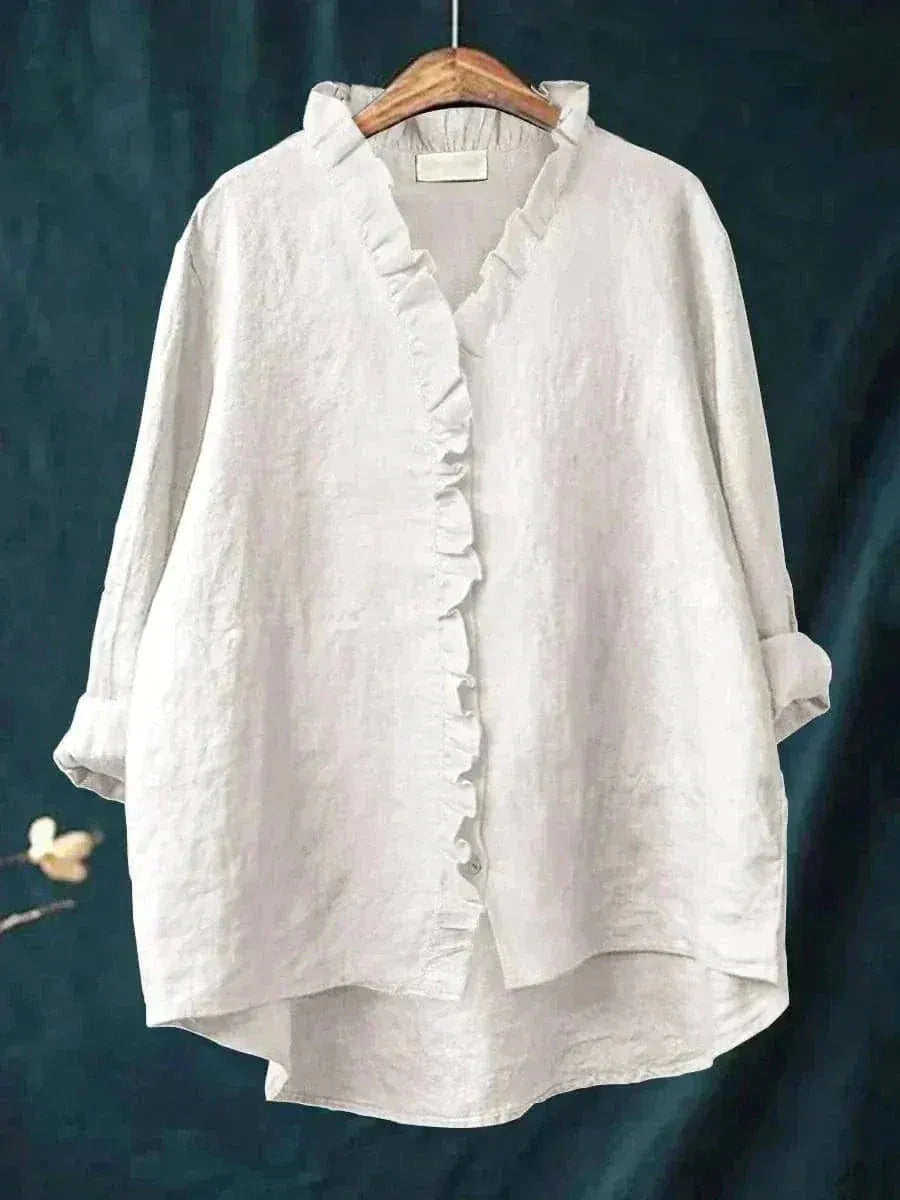 Emery linnen damesblouse met ruches en knoopsluiting
