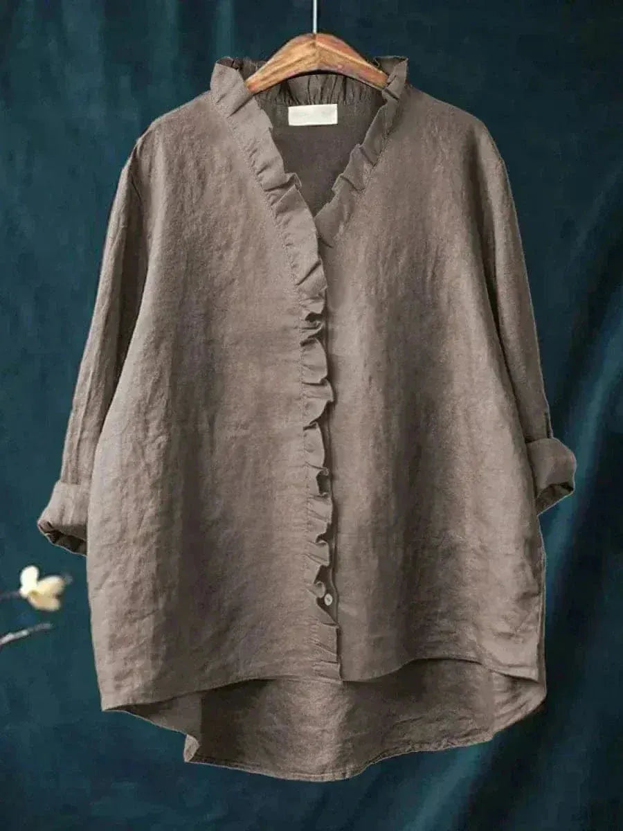 Emery linnen damesblouse met ruches en knoopsluiting