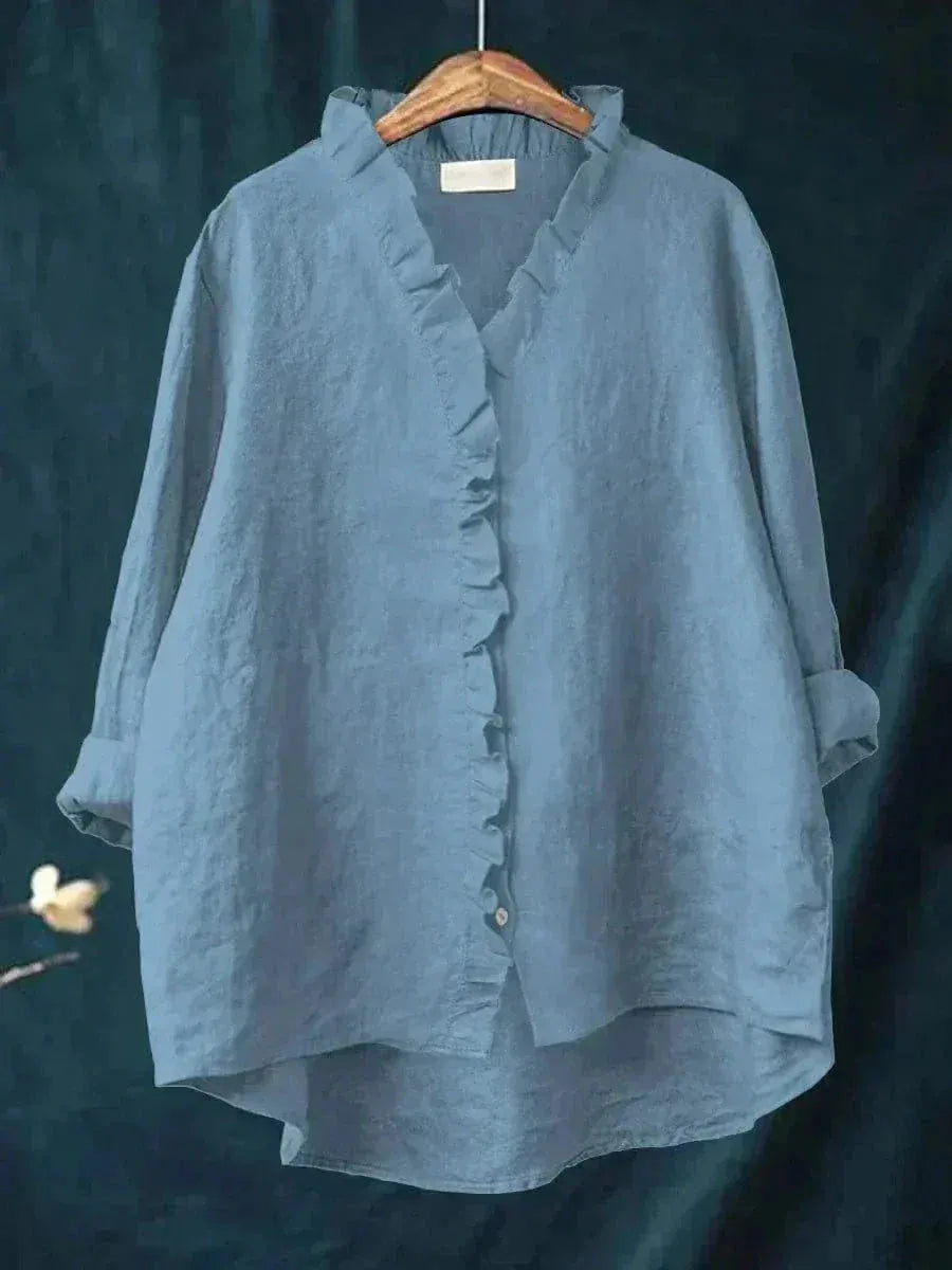 Emery linnen damesblouse met ruches en knoopsluiting