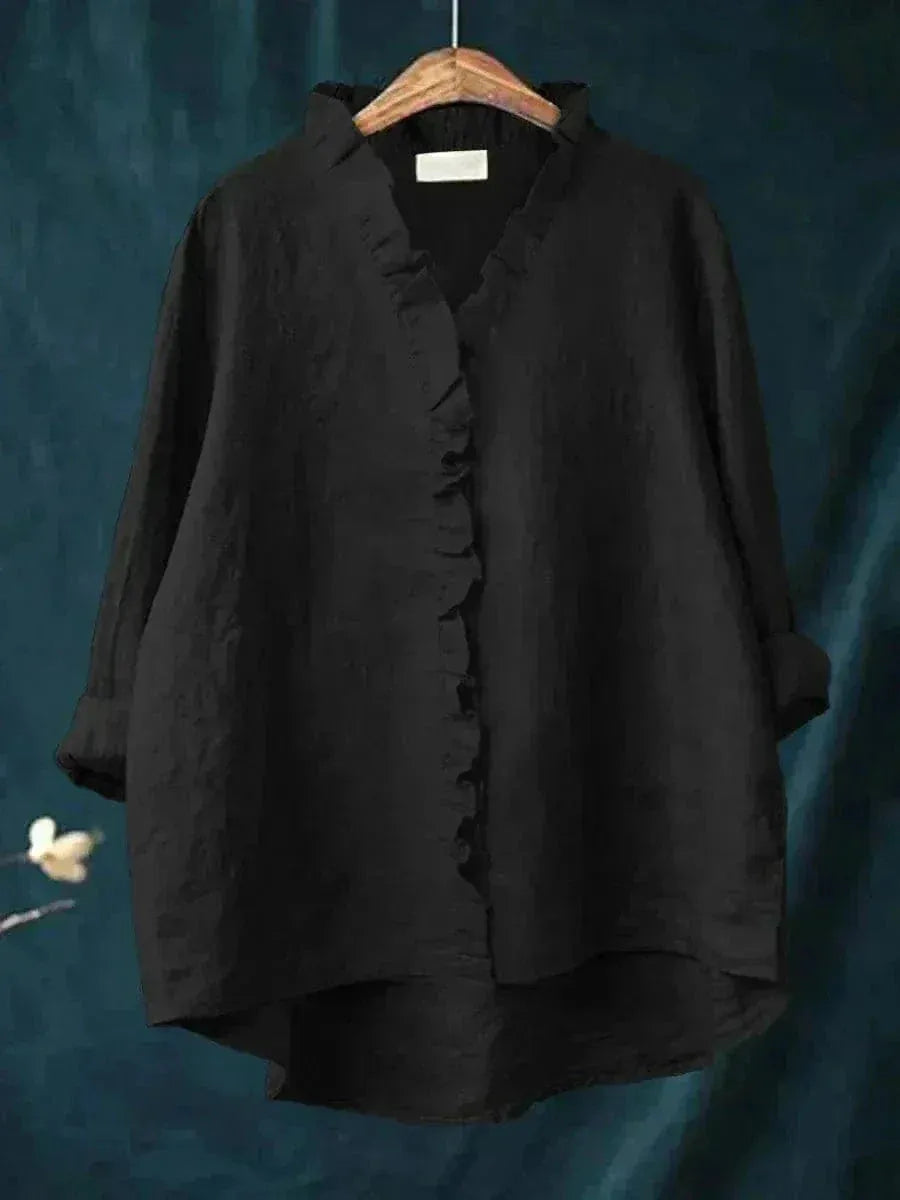 Emery linnen damesblouse met ruches en knoopsluiting
