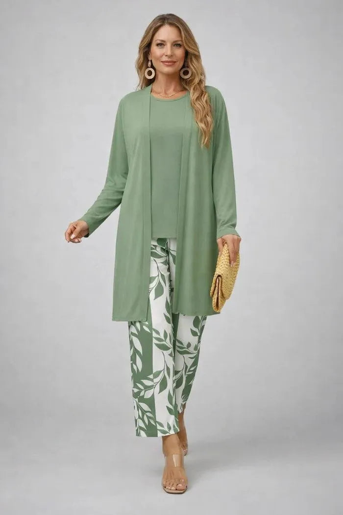 Evelyn driedelige dameset met lang vest en bloemenprint