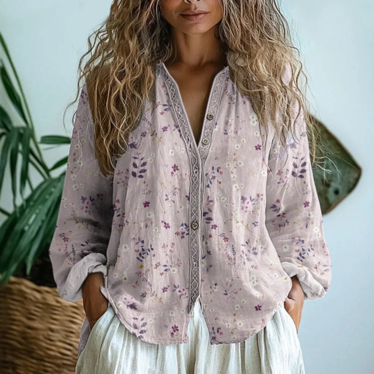 Evelyn linnen damesblouse met bloemenprint, V-hals en knoopsluiting