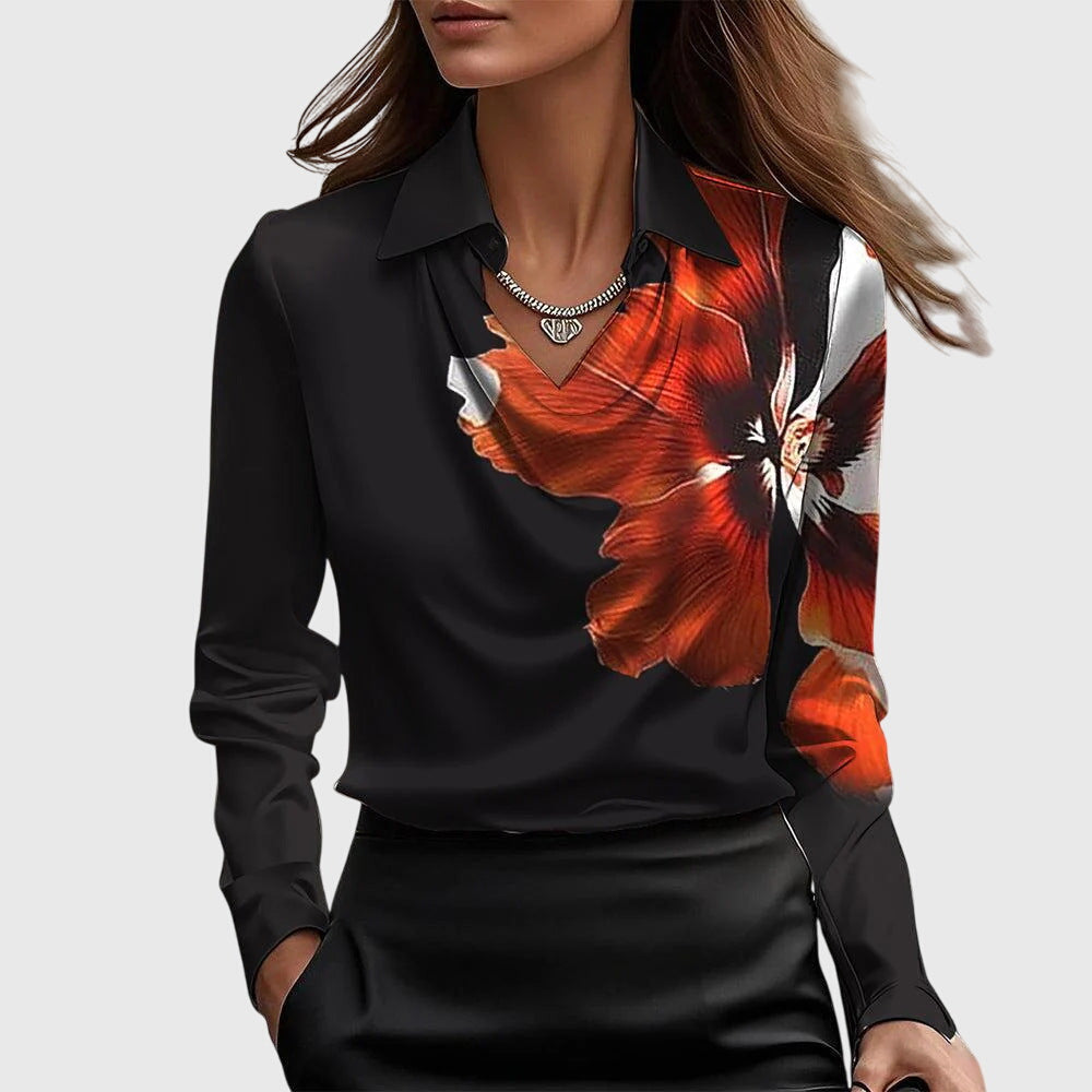 Satijnen blouse voor dames met watervalhals - Topje met lange mouwen en kraag voor werk en avond