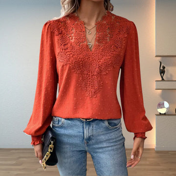 Faith kanten damesblouse met V-hals en lange mouwen