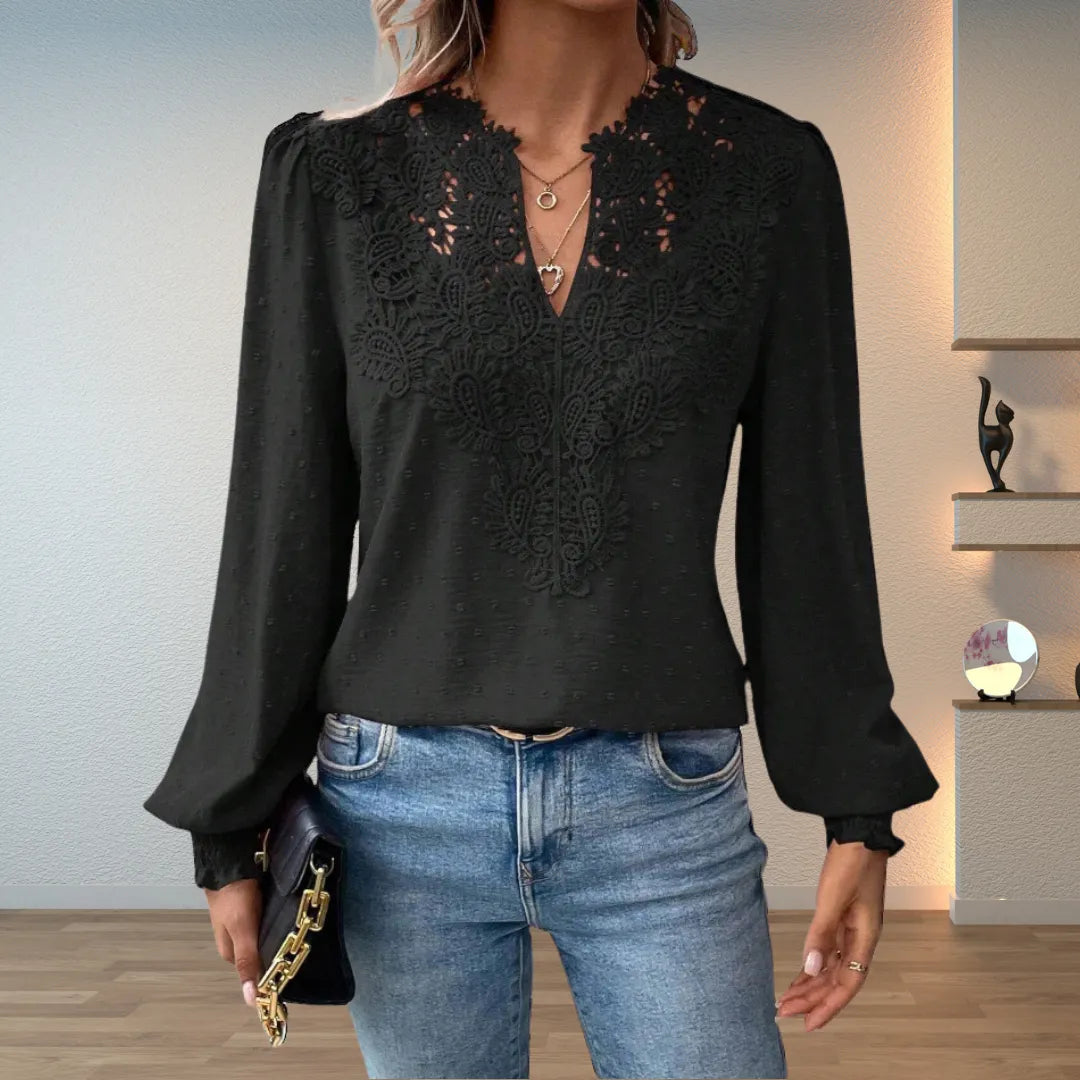 Faith kanten damesblouse met V-hals en lange mouwen