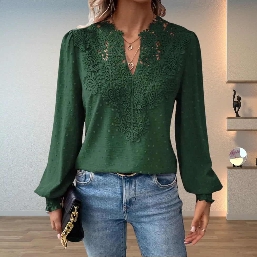Faith kanten damesblouse met V-hals en lange mouwen
