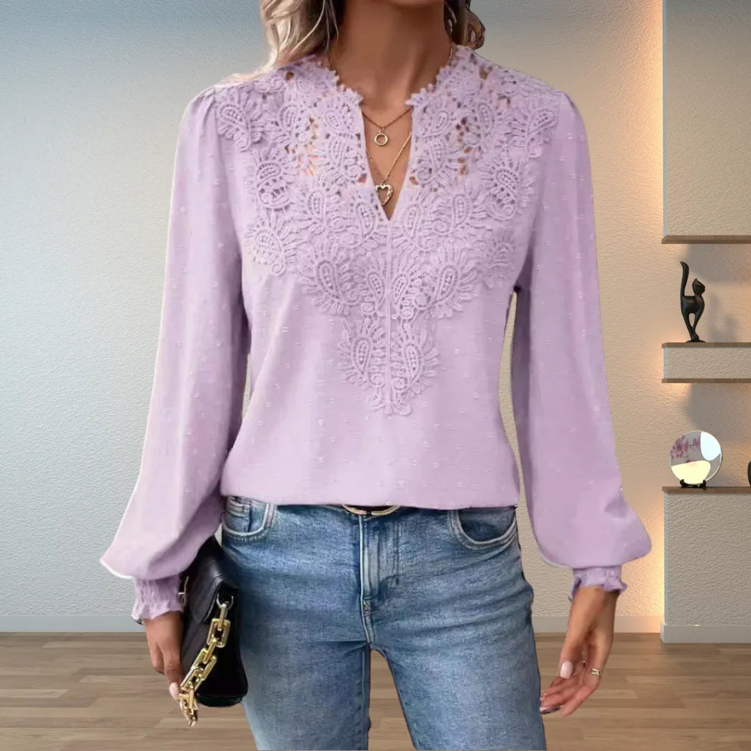 Faith kanten damesblouse met V-hals en lange mouwen