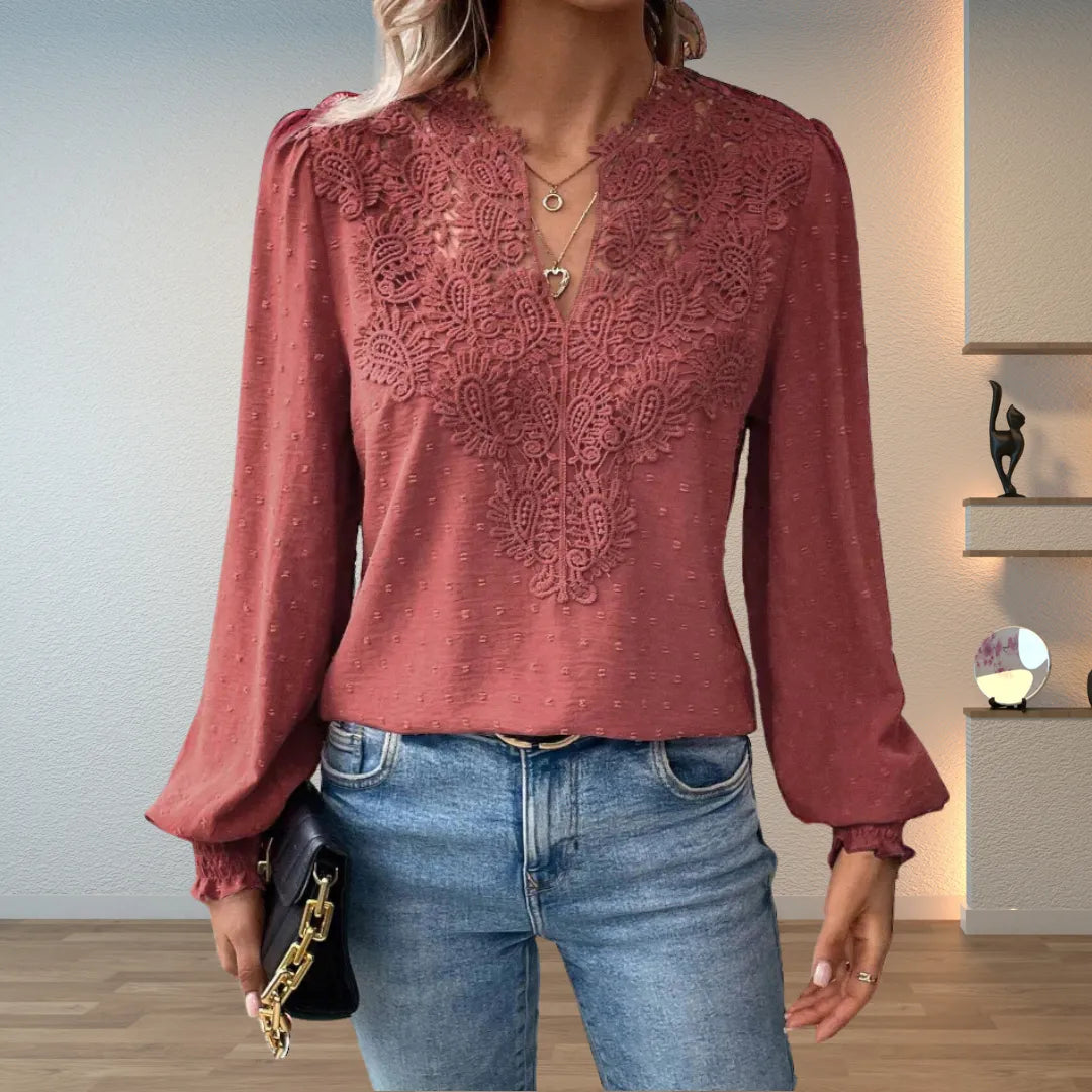 Faith kanten damesblouse met V-hals en lange mouwen