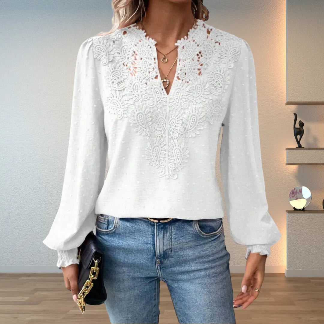 Faith kanten damesblouse met V-hals en lange mouwen