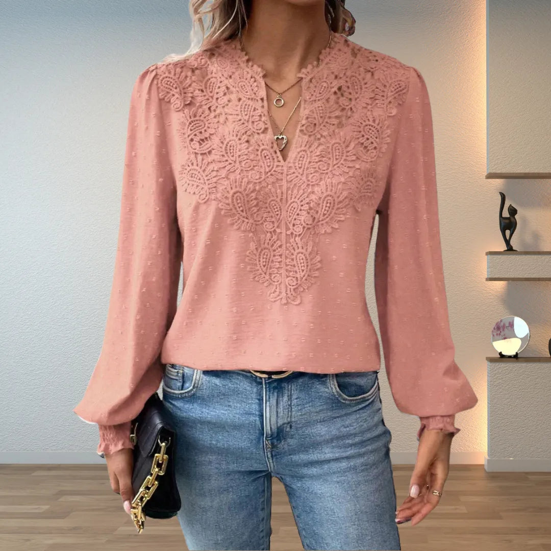Faith kanten damesblouse met V-hals en lange mouwen
