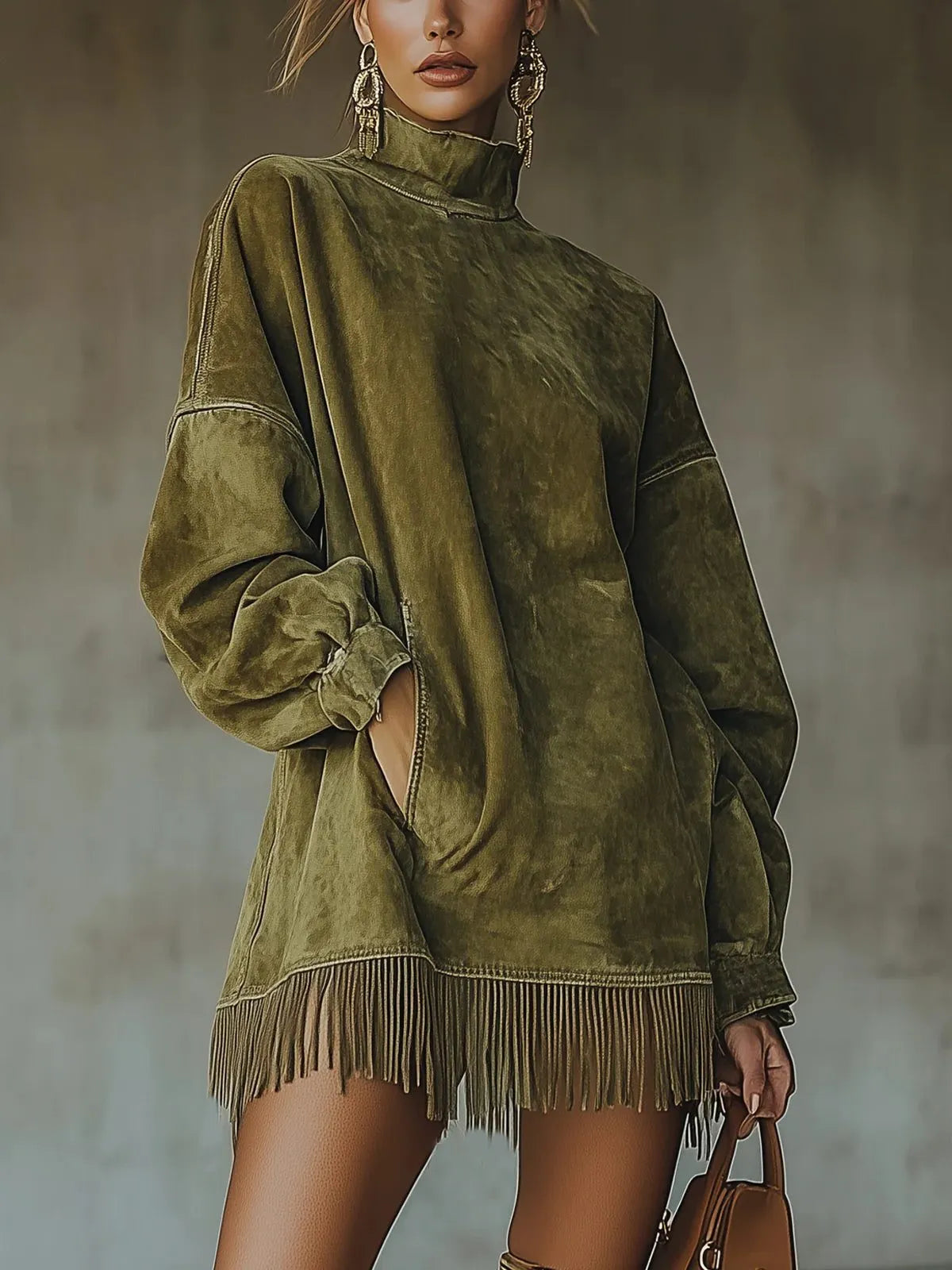 Faye oversized trui-jurk voor dames met lage col en franjeszoom