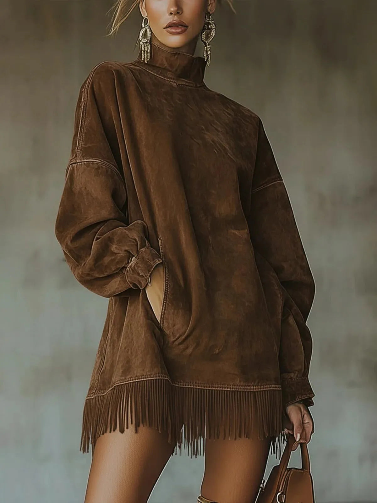 Faye oversized trui-jurk voor dames met lage col en franjeszoom