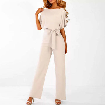 Fidelia damesjumpsuit met strik aan de voorkant en wijde pijpen