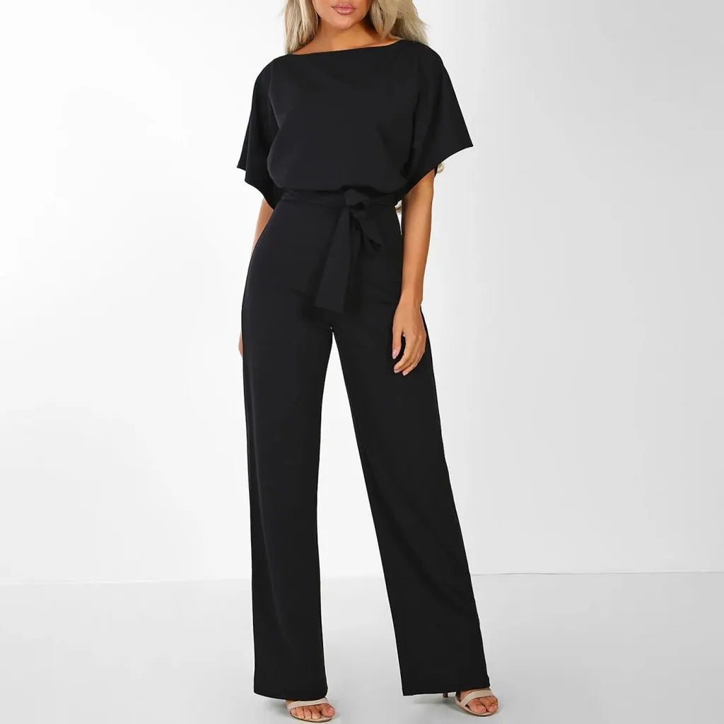 Fidelia damesjumpsuit met strik aan de voorkant en wijde pijpen
