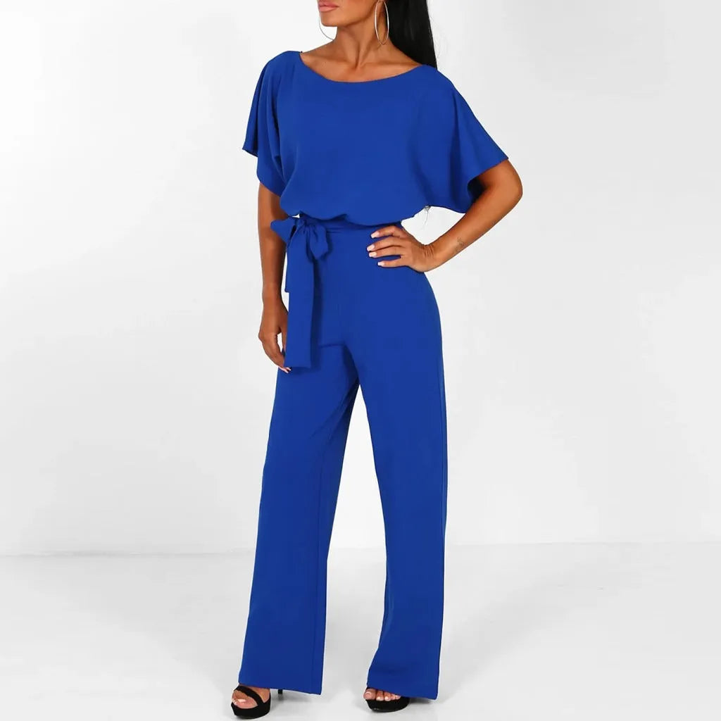Fidelia damesjumpsuit met strik aan de voorkant en wijde pijpen