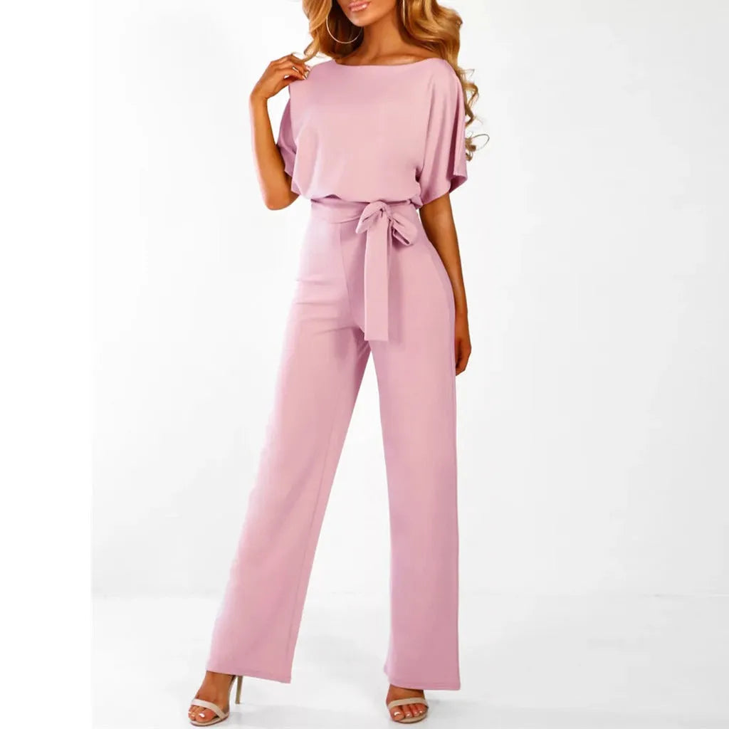 Fidelia damesjumpsuit met strik aan de voorkant en wijde pijpen