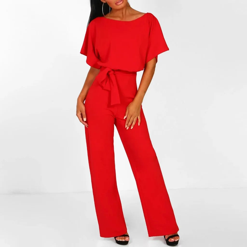 Fidelia damesjumpsuit met strik aan de voorkant en wijde pijpen