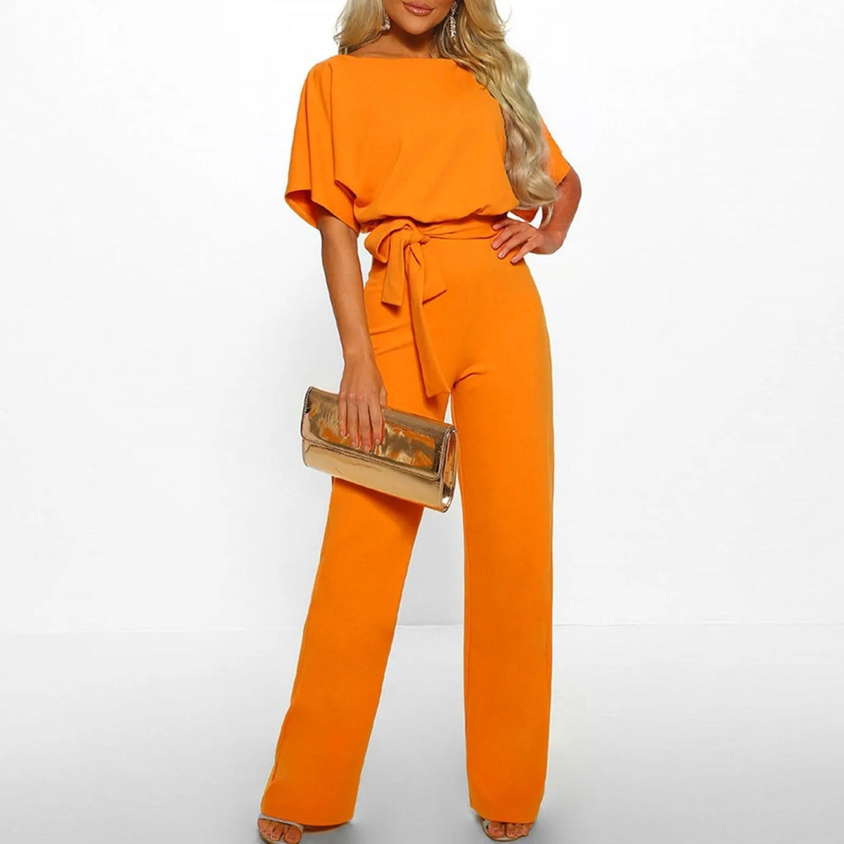 Fidelia damesjumpsuit met strik aan de voorkant en wijde pijpen