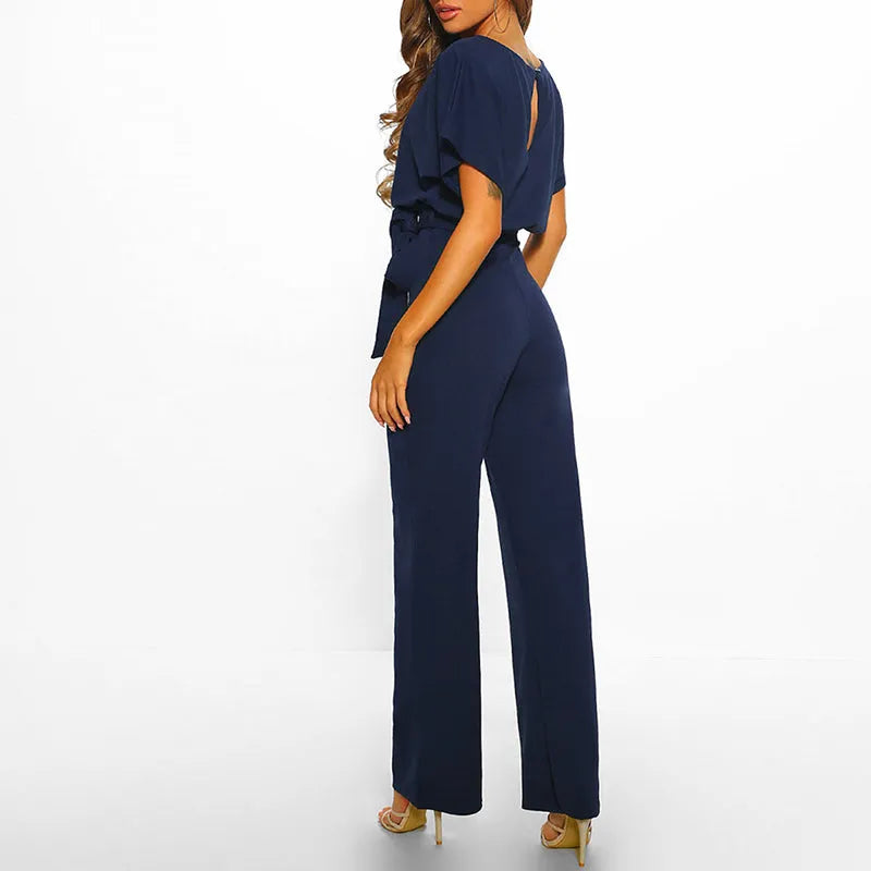 Fidelia damesjumpsuit met strik aan de voorkant en wijde pijpen