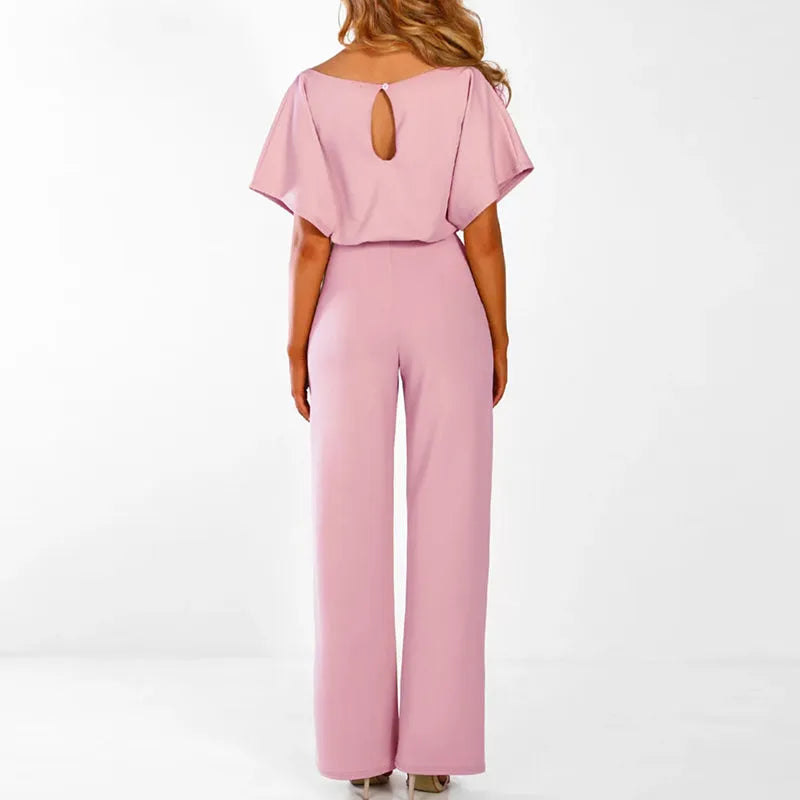 Fidelia damesjumpsuit met strik aan de voorkant en wijde pijpen