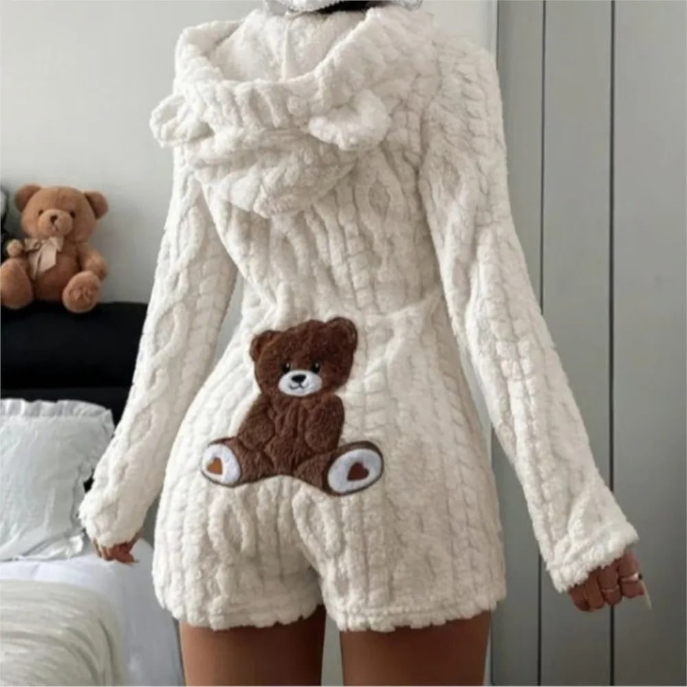 Fleece romper met lange mouwen, pluche ontwerp met capuchon en berenoortjes