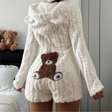 Fleece romper met lange mouwen, pluche ontwerp met capuchon en berenoortjes