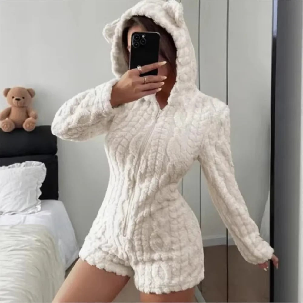 Fleece romper met lange mouwen, pluche ontwerp met capuchon en berenoortjes