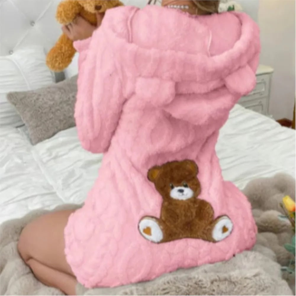 Fleece romper met lange mouwen, pluche ontwerp met capuchon en berenoortjes