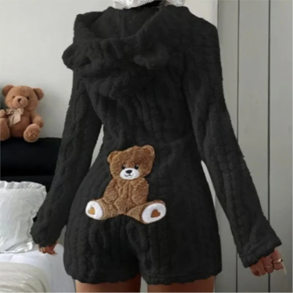 Fleece romper met lange mouwen, pluche ontwerp met capuchon en berenoortjes
