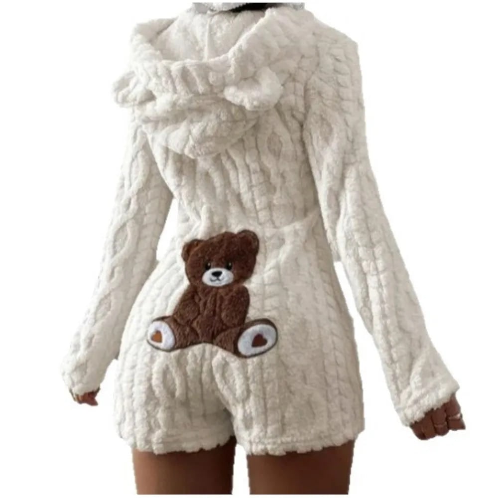 Fleece romper met lange mouwen, pluche ontwerp met capuchon en berenoortjes