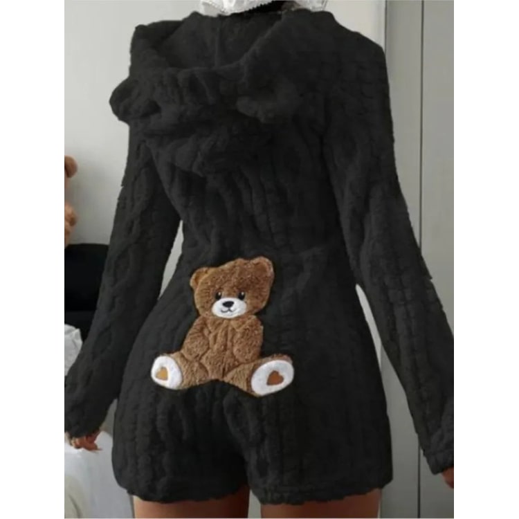 Fleece romper met lange mouwen, pluche ontwerp met capuchon en berenoortjes