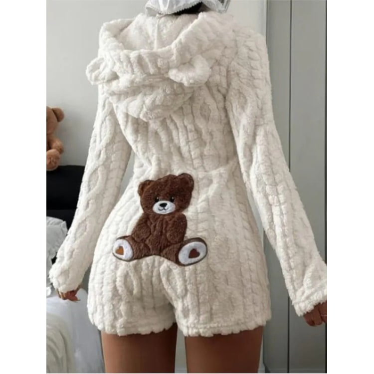 Fleece romper met lange mouwen, pluche ontwerp met capuchon en berenoortjes