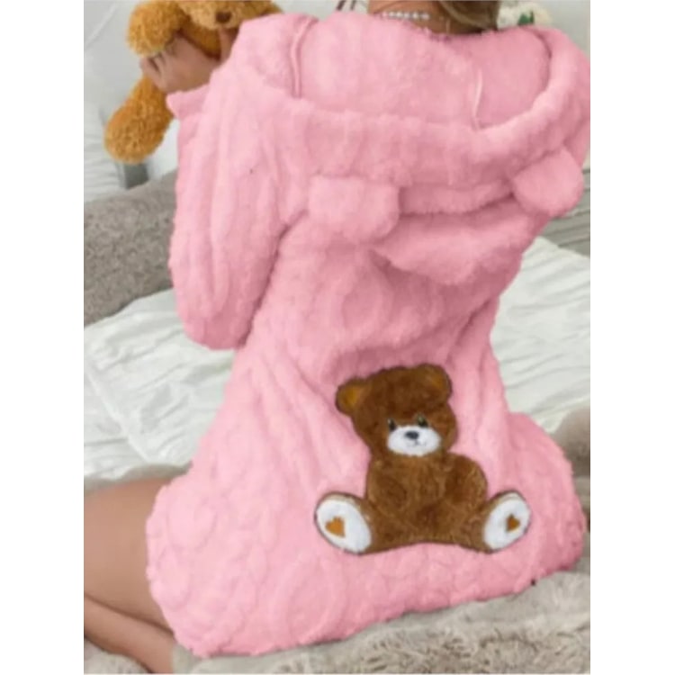 Fleece romper met lange mouwen, pluche ontwerp met capuchon en berenoortjes