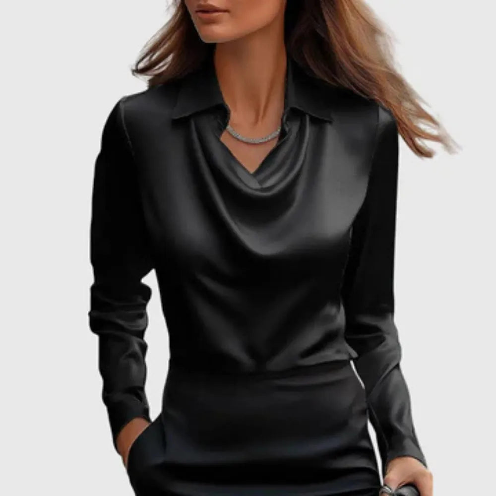 Flora satijnen damesblouse met watervalhals en lange mouwen