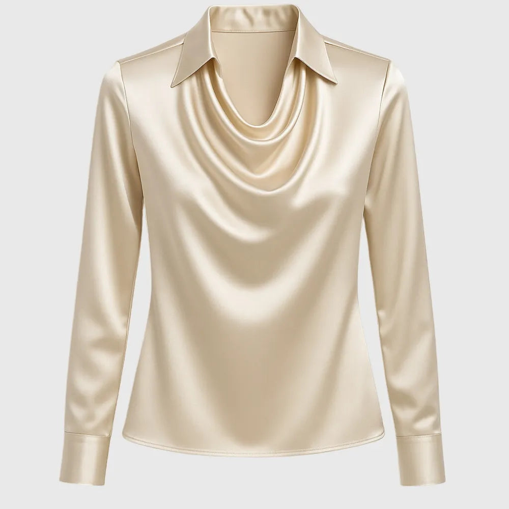 Flora satijnen damesblouse met watervalhals en lange mouwen