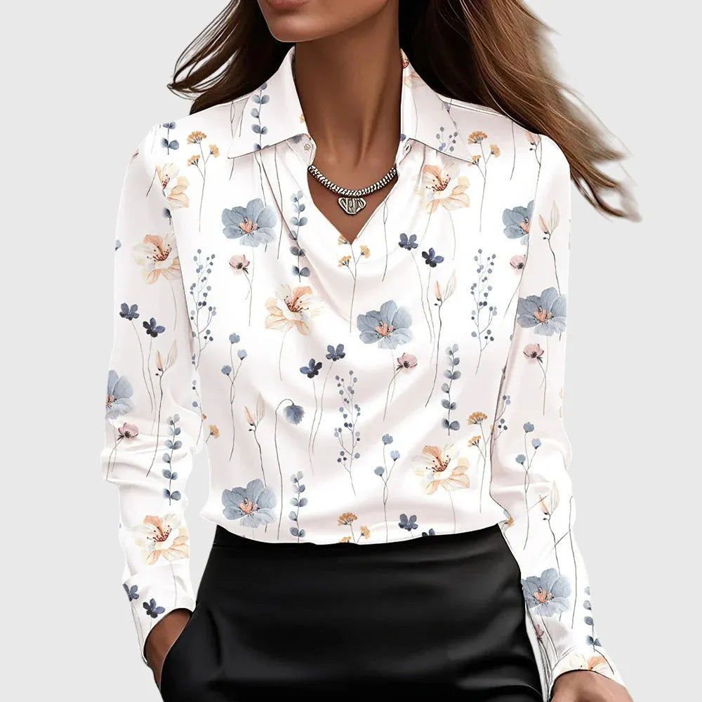Flora satijnen damesblouse met watervalhals en lange mouwen