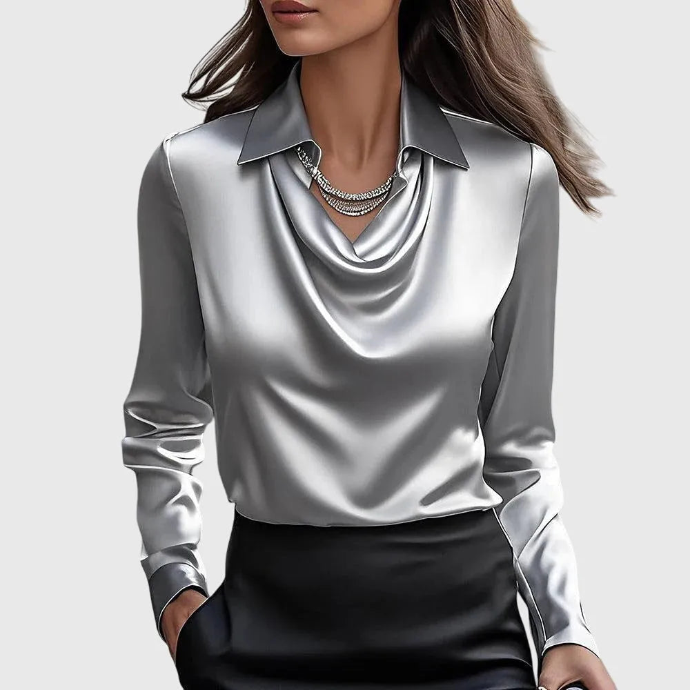 Flora satijnen damesblouse met watervalhals en lange mouwen