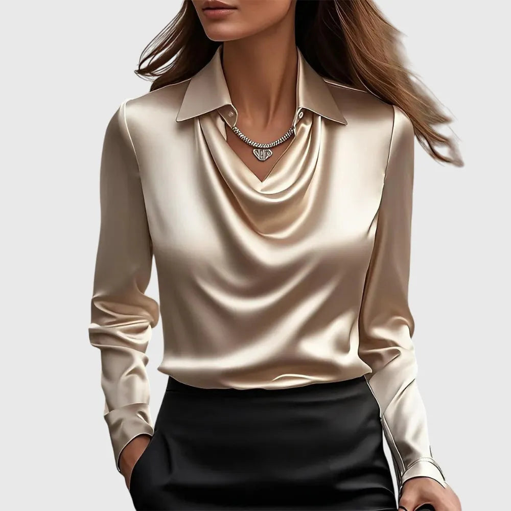 Flora satijnen damesblouse met watervalhals en lange mouwen