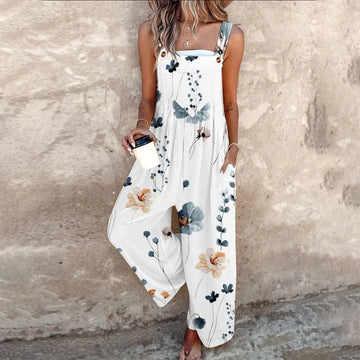 Mouwloze damesjumpsuit met bloemenprint, vierkante hals en wijde pijpen