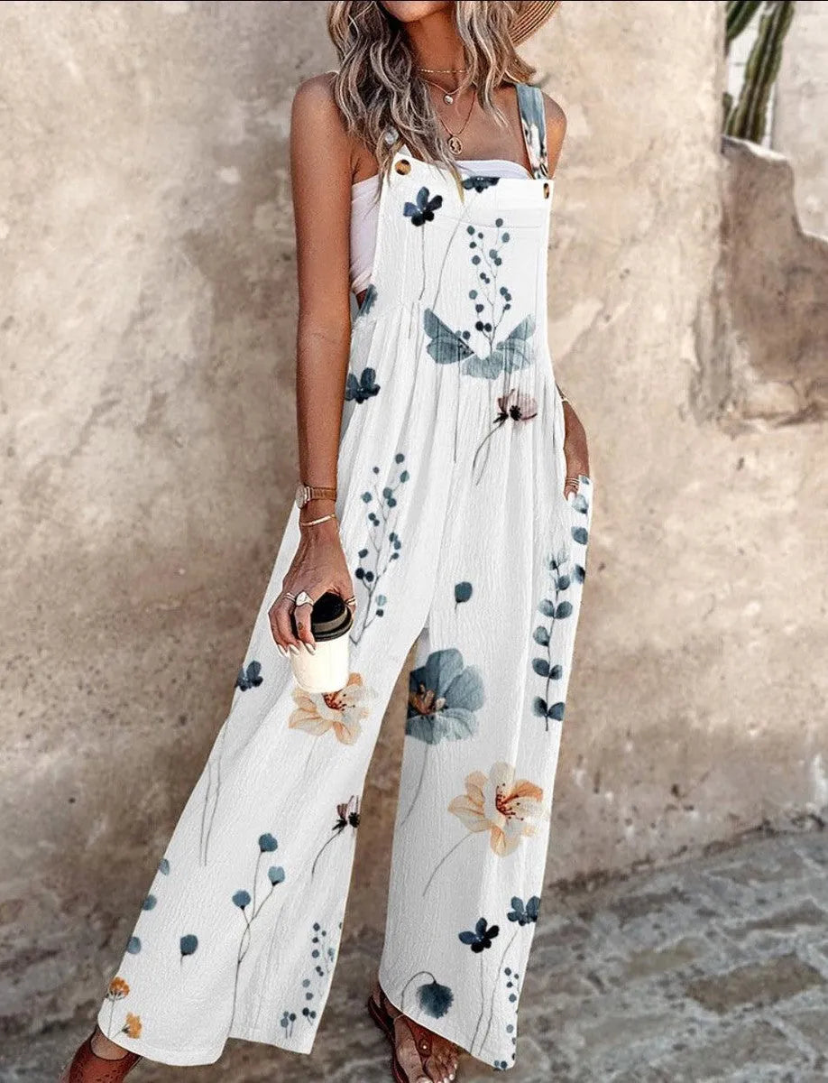 Mouwloze damesjumpsuit met bloemenprint, vierkante hals en wijde pijpen
