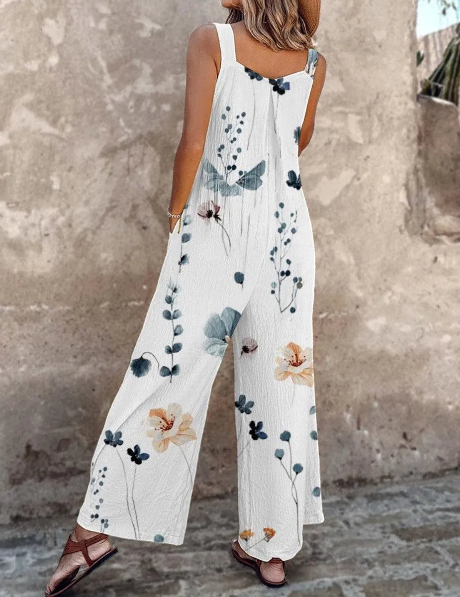 Mouwloze damesjumpsuit met bloemenprint, vierkante hals en wijde pijpen