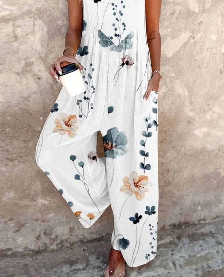 Mouwloze damesjumpsuit met bloemenprint, vierkante hals en wijde pijpen