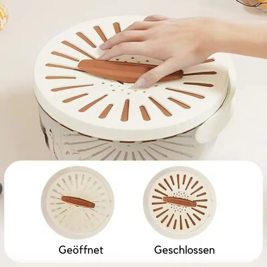 Voedselopslagbak met afneembaar vergiet, geventileerd deksel en inklapbaar handvat voor groenten en fruit