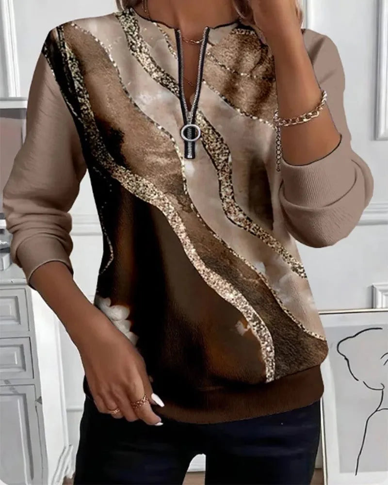 Gemma damessweater met paillettenprint en halve rits