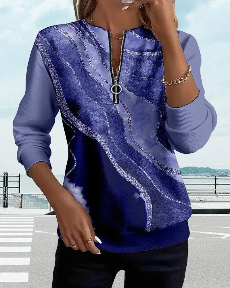 Gemma damessweater met paillettenprint en halve rits