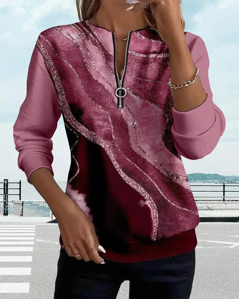 Gemma damessweater met paillettenprint en halve rits