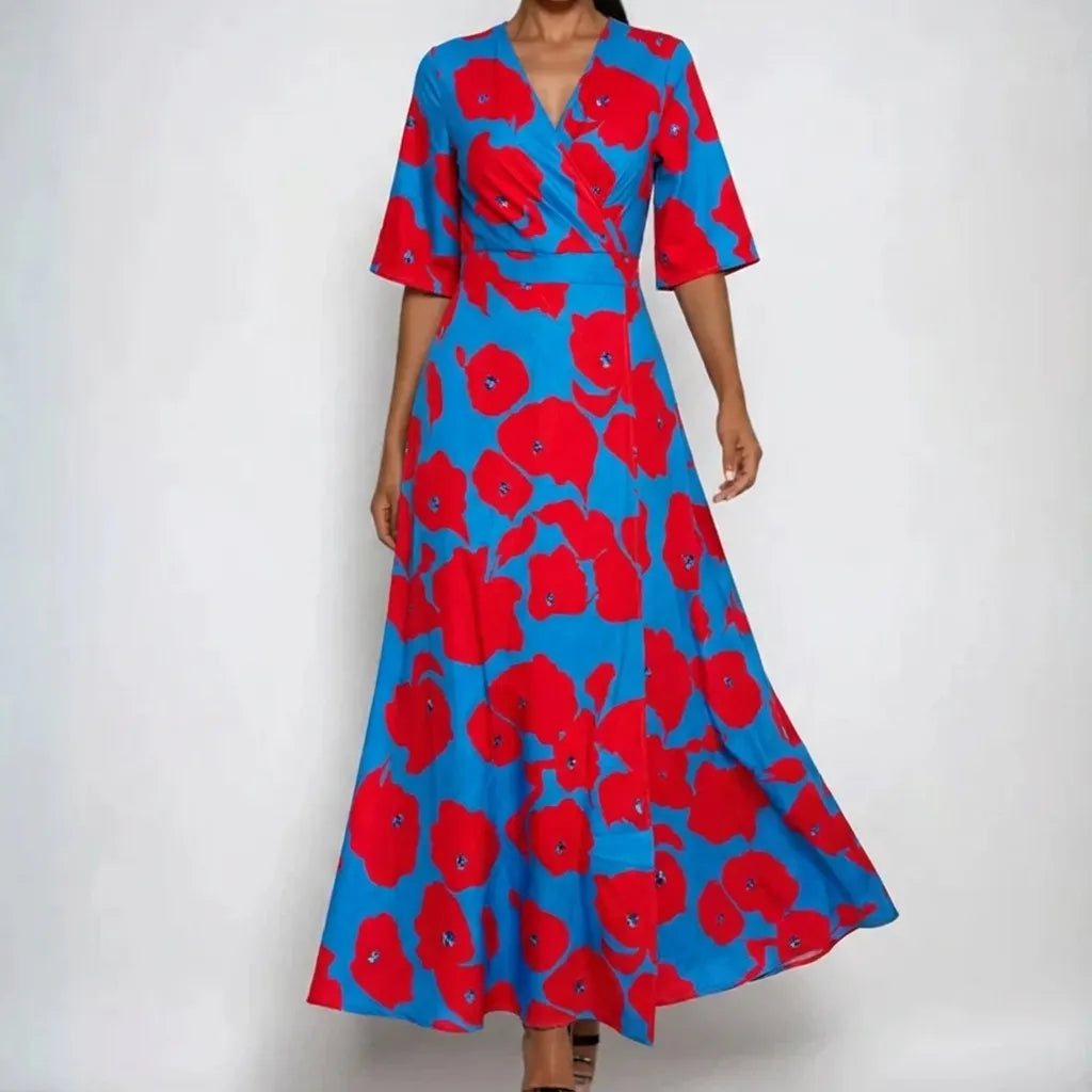 Greta maxijurk met bloemenprint, V-hals en riem voor dames
